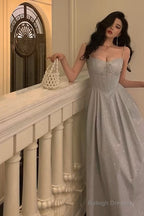 Pretty A Line Spaghetti Straps Pleated Silver Gray Sequin Prom Dresses Birthday Outfits Evening Gown