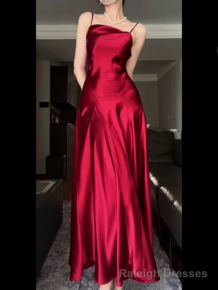 Pretty A Line Spaghetti Straps Red Satin Long Floor Length Prom Dresses Main image