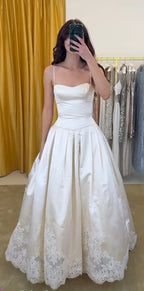 Pretty A-Line Spaghetti Straps Stain Lace Prom Dress Long Prom Dresses