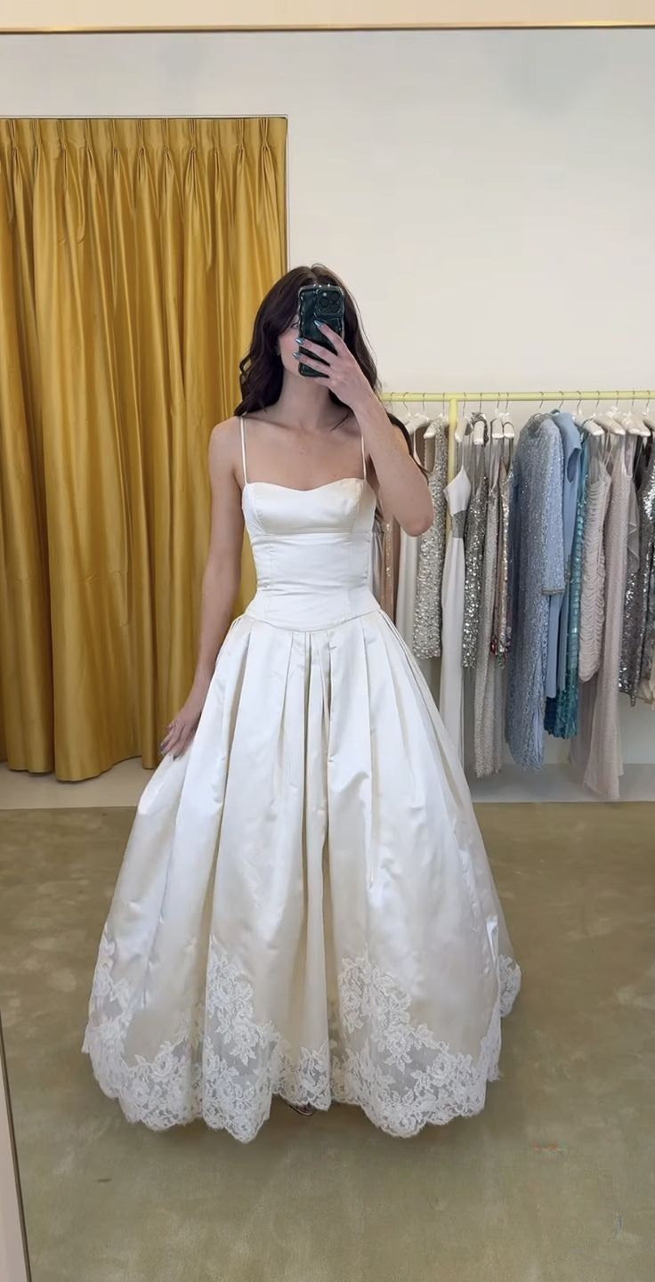 Pretty A-Line Spaghetti Straps Stain Lace Prom Dress Long Prom Dresses