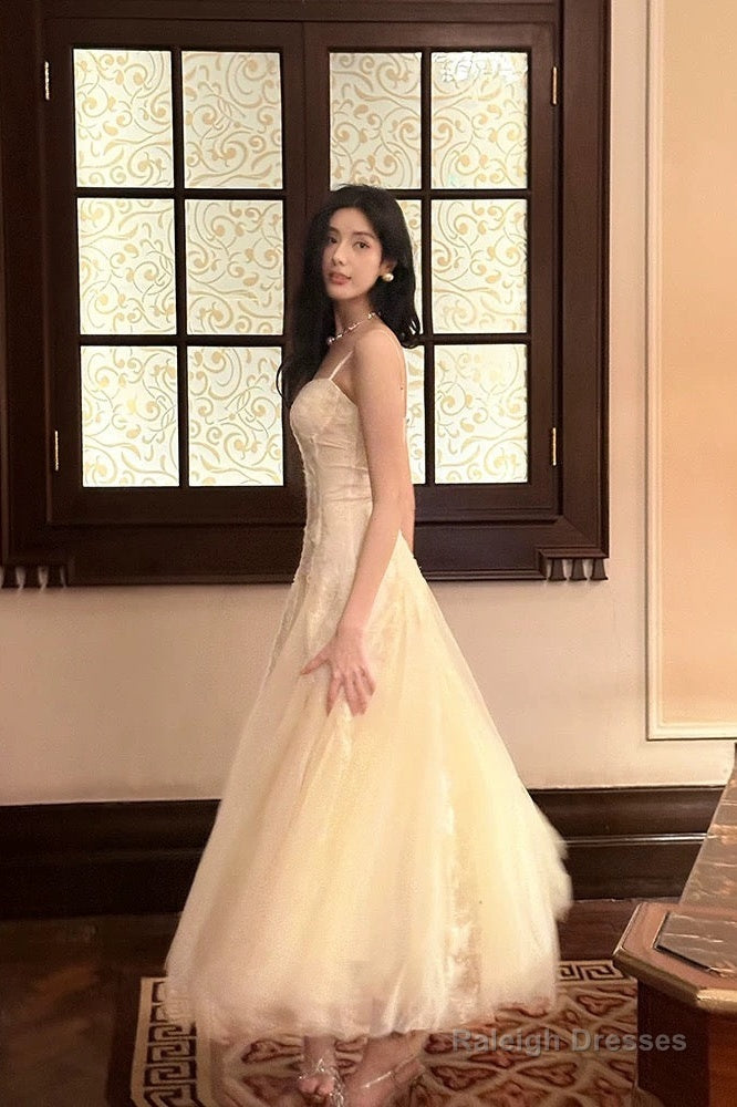 Pretty A Line Spaghetti Straps Tulle Chamapgne Ankle Length Evening Dress Prom Dresses Secondary image