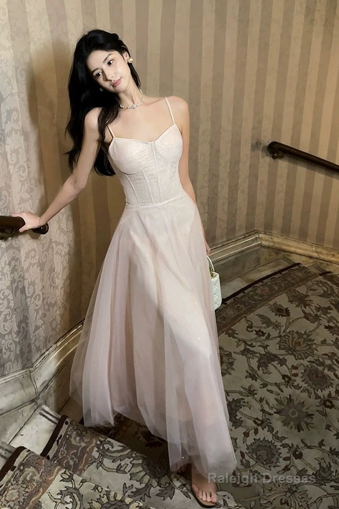 Pretty A Line Spaghetti Straps Tulle Pink Ankle Length Evening Dress Prom Dresses