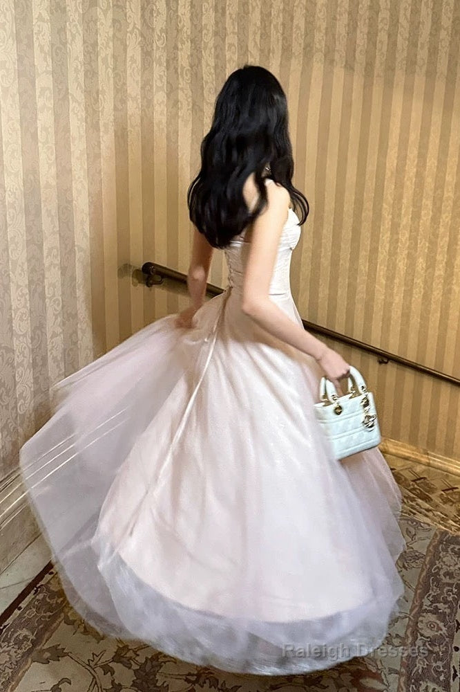 Pretty A Line Spaghetti Straps Tulle Pink Ankle Length Evening Dress Prom Dresses Main image