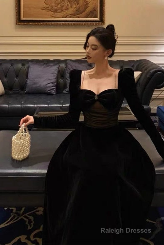 Pretty A Line Square Neckline Long Sleeves Black Velvet Prom Dresses Birthday Outfits Evening Gown Secondary image