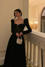 Pretty A Line Square Neckline Long Sleeves Black Velvet Prom Dresses Birthday Outfits Evening Gown