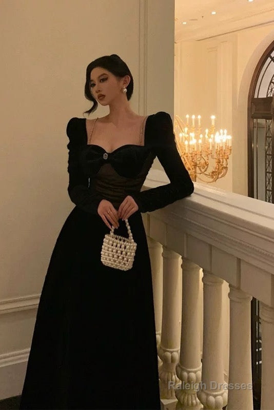 Pretty A Line Square Neckline Long Sleeves Black Velvet Prom Dresses Birthday Outfits Evening Gown Main image