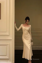 Pretty A Line Square Neckline Long Sleeves Ivory Prom Dresses Birthday Outfits Evening Gown