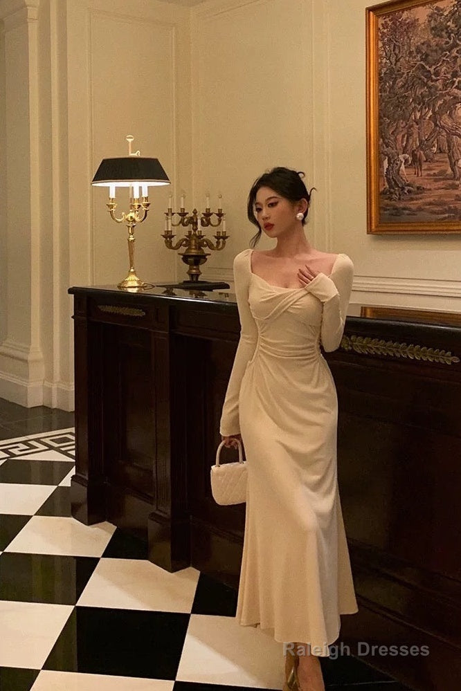 Pretty A Line Square Neckline Long Sleeves Ivory Prom Dresses Birthday Outfits Evening Gown