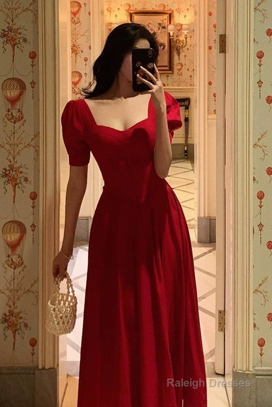 Pretty A Line Square Neckline Red Short Sleeves Date Night Dress Prom Dresses Birthday Party Outfit