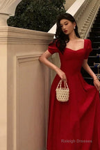 Pretty A-Line Square Neckline Red Short Sleeves Date Night Dresses Prom Dress Birthday Prom Outfit