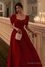 Pretty A Line Square Neckline Red Short Sleeves Date Night Dress Prom Dresses Birthday Party Outfit