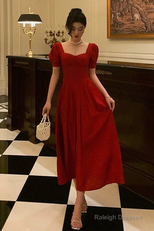 Pretty A-Line Square Neckline Red Short Sleeves Date Night Dresses Prom Dress Birthday Prom Outfit