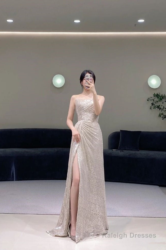 Pretty A Line Strapless Sequin Evening Dress Long Slit Prom Dresses