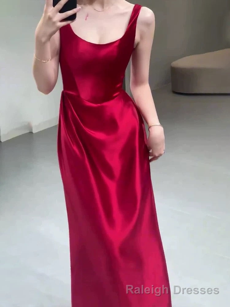 Pretty A line Straps Red Satin Long Floor Length Prom Dresses Main image