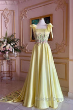 Pretty A Line Straps Satin Yellow Long Prom Dresses Formal Evening Dresses