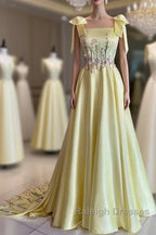 Pretty A Line Straps Satin Yellow Long Prom Dresses Formal Evening Dresses