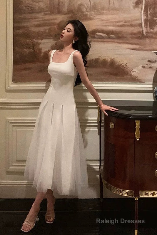 Pretty A Line Straps White Date Night Dress Tulle Prom Dresses Birthday Party Outfit