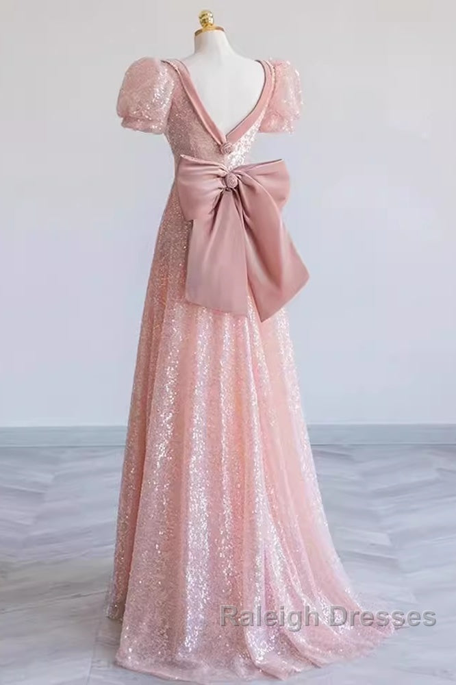 Pretty A Line Sweetheart Short Sleeves Long Evening Party Dress Pink Prom Dresses