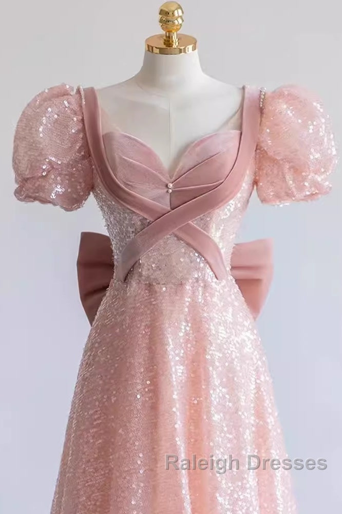 Pretty A-Line Sweetheart Short Sleeves Long Prom Dresses Pink Prom Dress