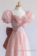 Pretty A-Line Sweetheart Short Sleeves Long Prom Dresses Pink Prom Dress