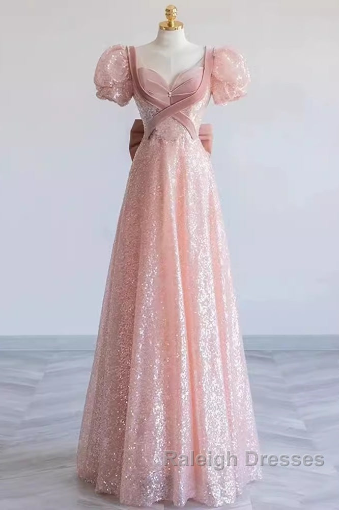 Pretty A-Line Sweetheart Short Sleeves Long Prom Dresses Pink Prom Dress