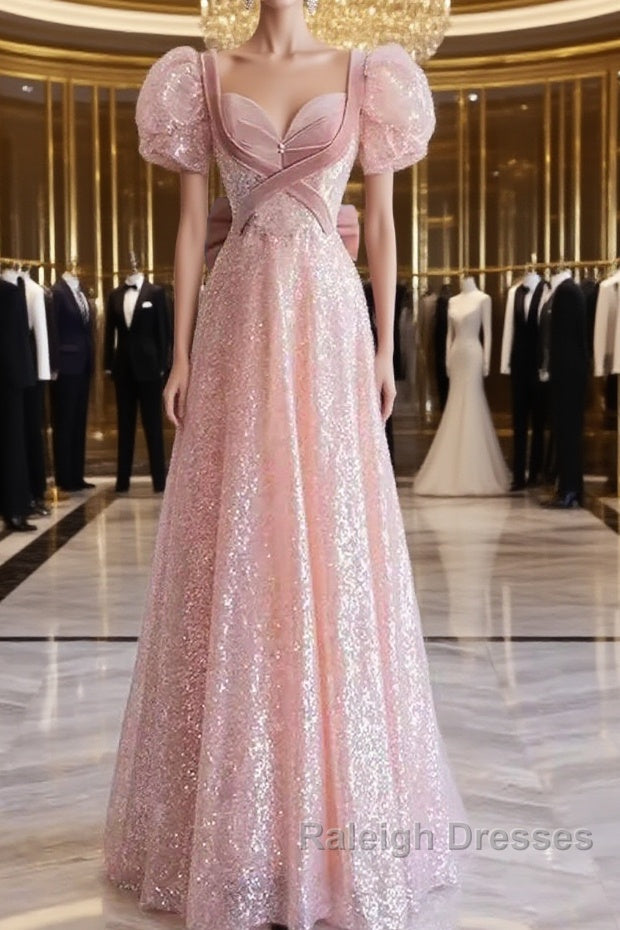 Pretty A-Line Sweetheart Short Sleeves Long Prom Dresses Pink Prom Dress Main image