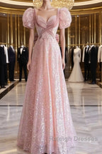 Pretty A-Line Sweetheart Short Sleeves Long Prom Dresses Pink Prom Dress