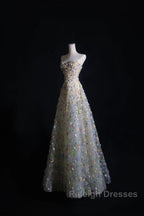 Pretty A Line Sweetheart Tulle Floral Long Prom Dresses Evening Gowns