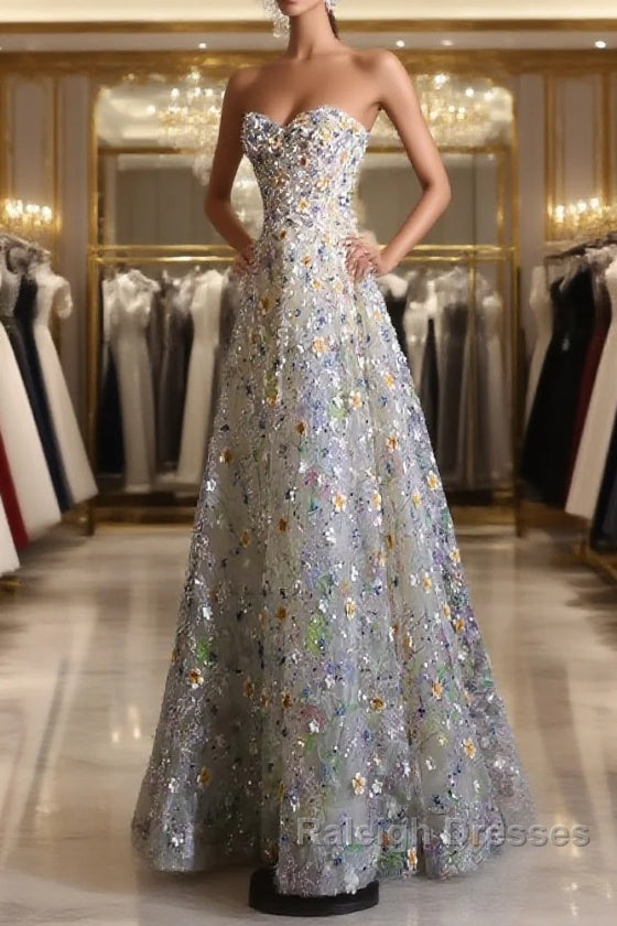 Pretty A Line Sweetheart Tulle Floral Long Prom Dresses Evening Gowns Main image