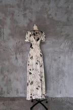 Pretty A Line V Neckline Floral Long Prom Dresses Birthday Dress For Women