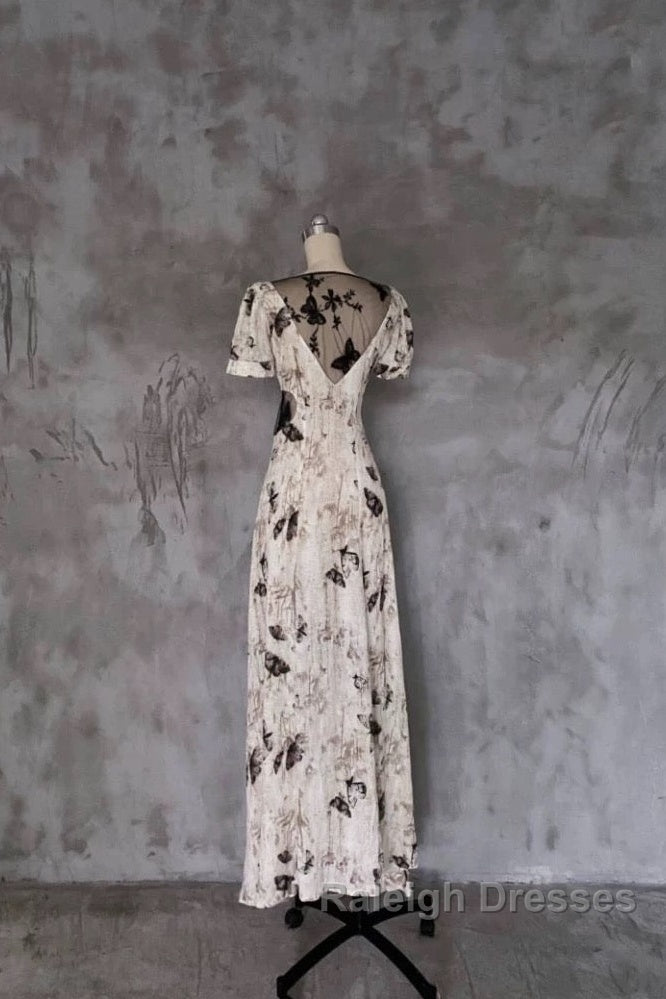 Pretty A Line V Neckline Floral Long Prom Dresses Birthday Dress For Women