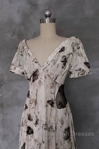 Pretty A Line V Neckline Floral Long Prom Dresses Birthday Dress For Women