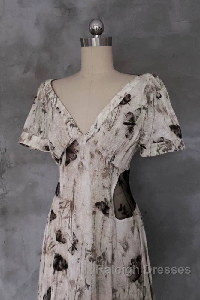 Pretty A Line V Neckline Floral Long Prom Dresses Birthday Dress For Women