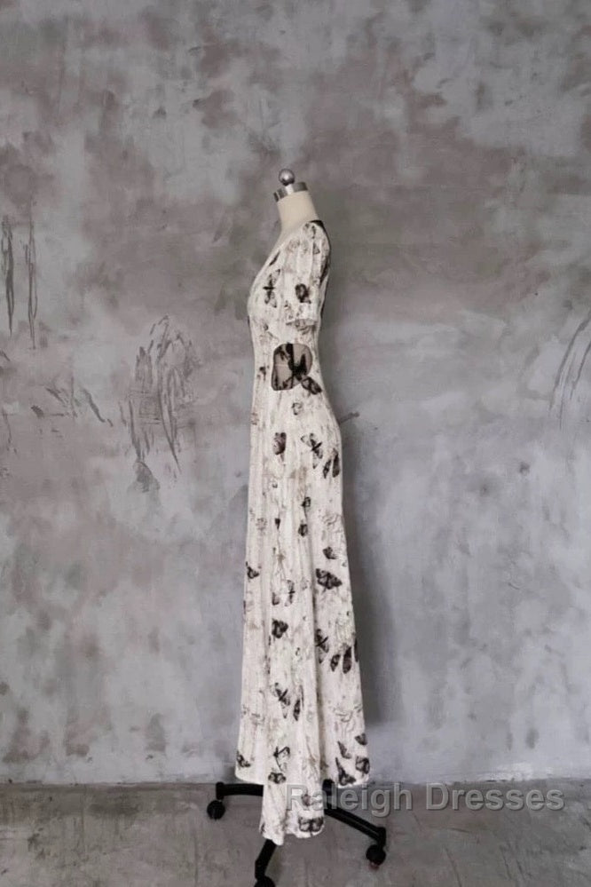 Pretty A Line V Neckline Floral Long Prom Dresses Birthday Dress For Women