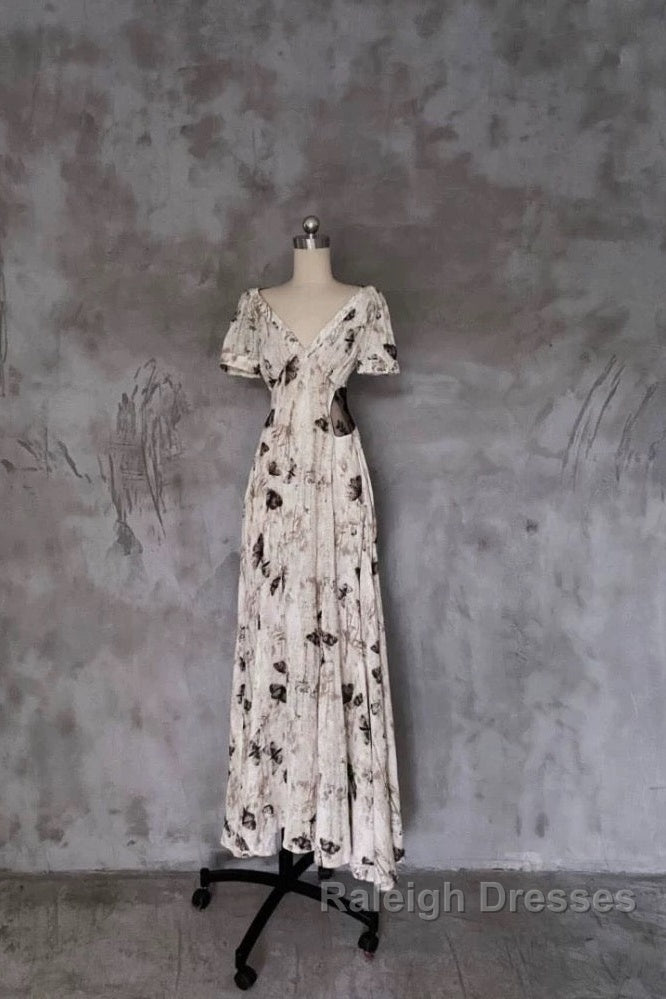 Pretty A Line V Neckline Floral Long Prom Dresses Birthday Dress For Women