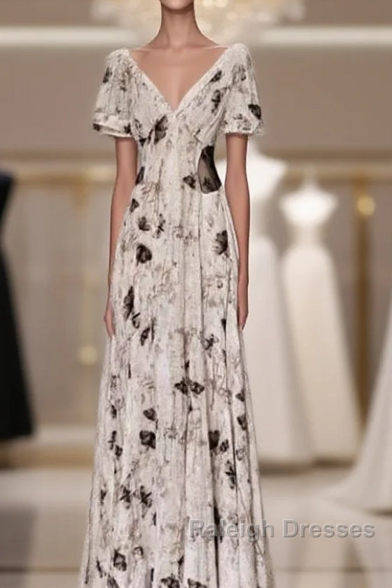 Pretty A Line V Neckline Floral Long Prom Dresses Birthday Dress For Women Main image