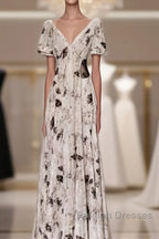 Pretty A Line V Neckline Floral Long Prom Dresses Birthday Dress For Women