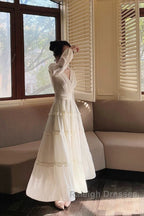 Pretty A Line V Neckline Long Sleeves Chiffon White Ankle Length Evening Dress Prom Dresses