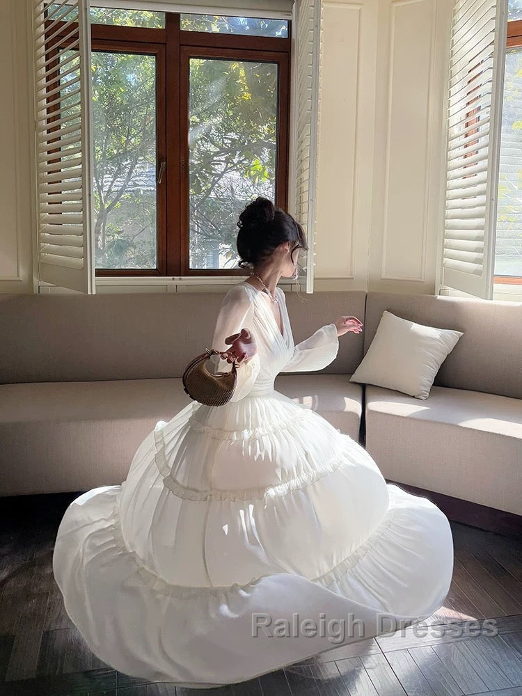 Pretty A Line V Neckline Long Sleeves Chiffon White Ankle Length Evening Dress Prom Dresses