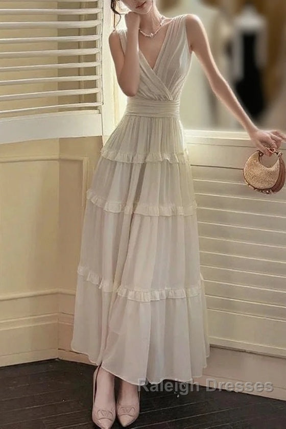 Pretty A Line V Neckline Long Sleeves Chiffon White Ankle Length Evening Dress Prom Dresses Main image