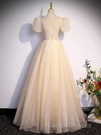 Pretty A-Line V Neckline Short Sleeves Long Prom Dresses