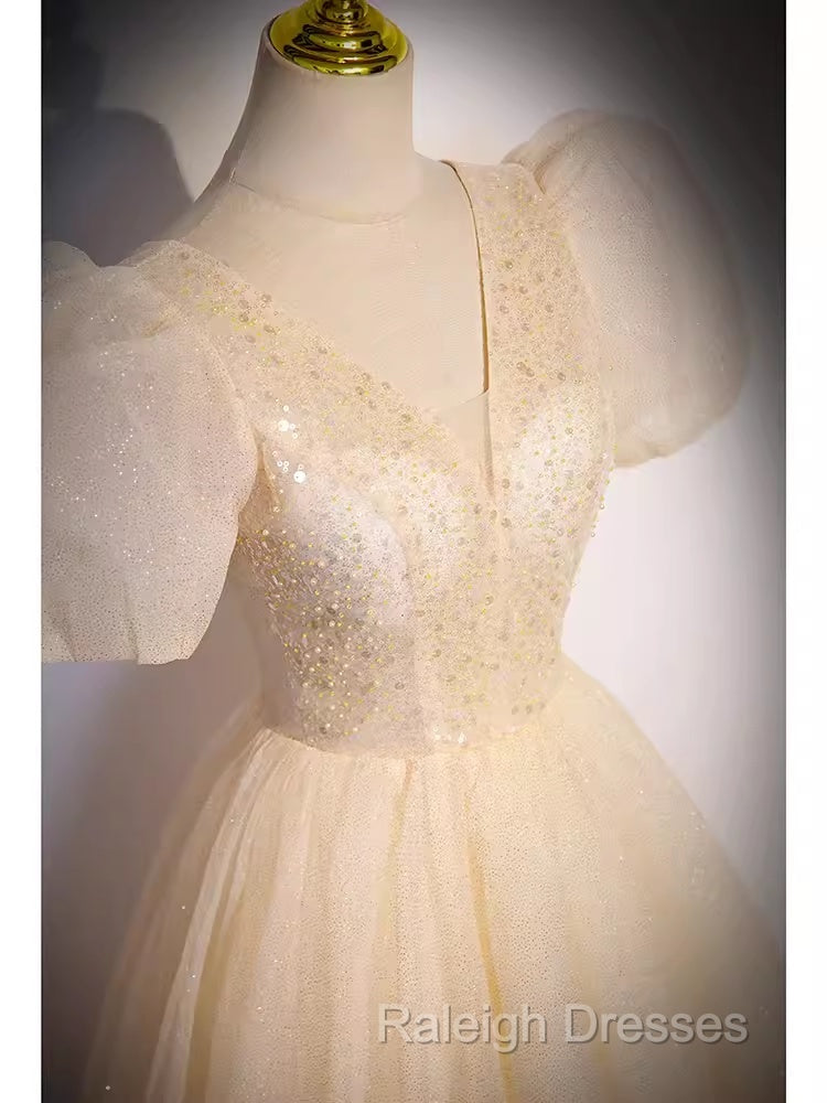 Pretty A Line V Neckline Short Sleeves Long Evening Party Dress Prom Dresses