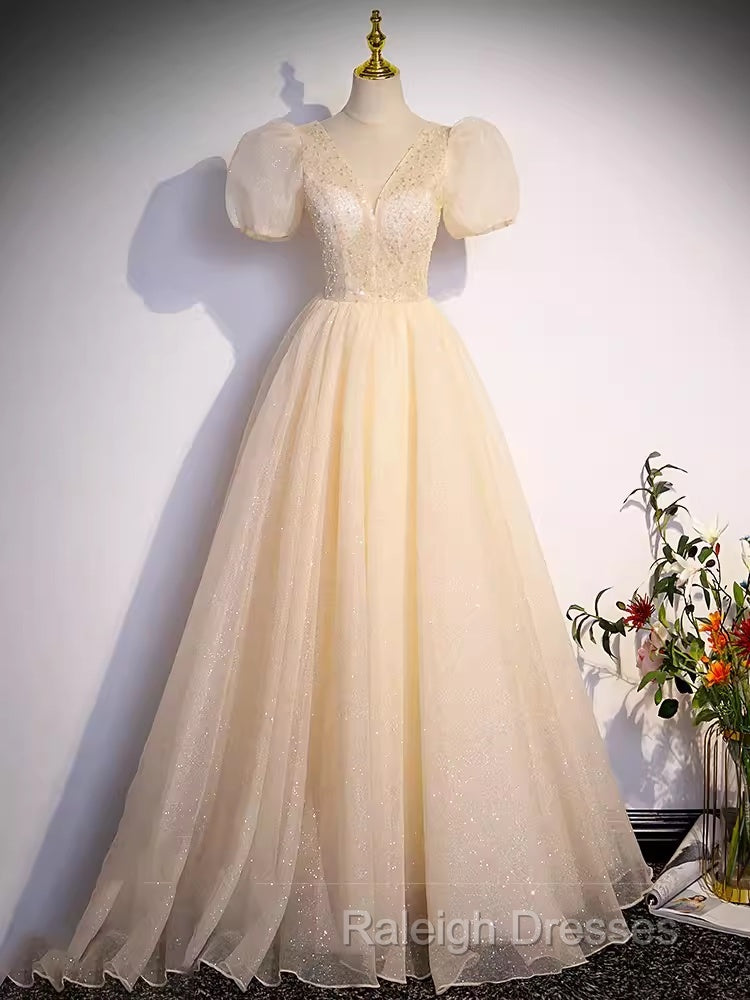 Pretty A-Line V Neckline Short Sleeves Long Prom Dresses
