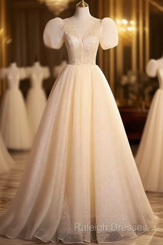 Pretty A-Line V Neckline Short Sleeves Long Prom Dresses Main image