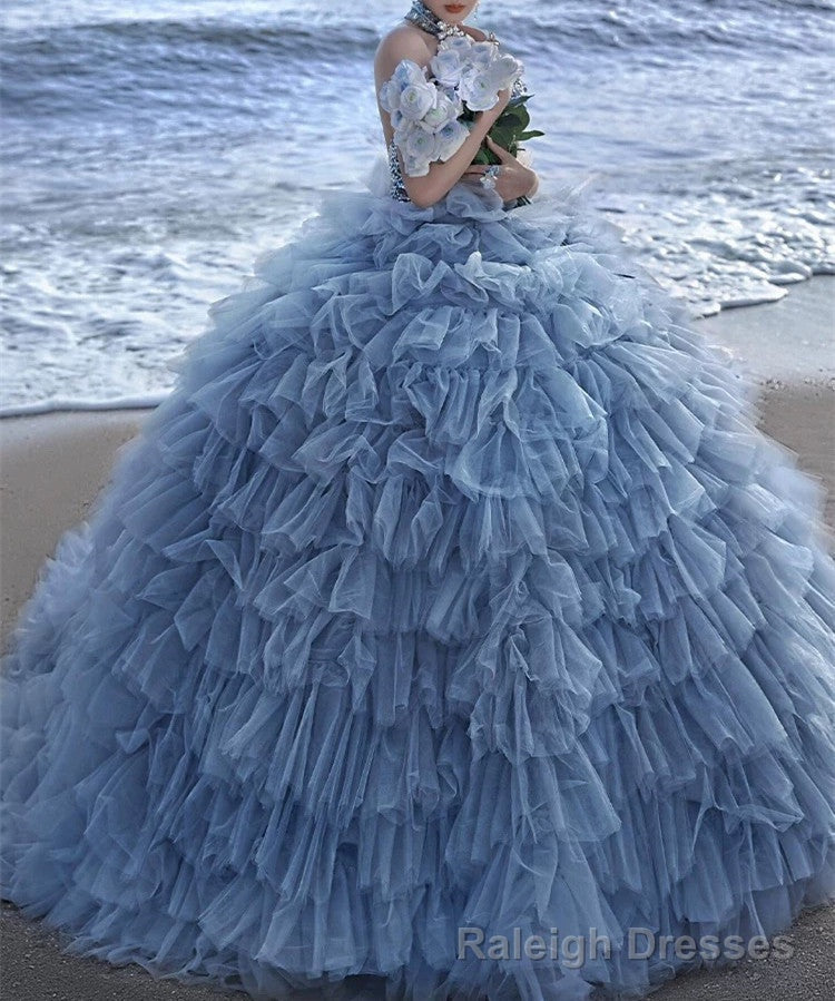 Pretty Ball Gown High Neckline Tulle Layers Long Blue Ruffles Prom Dresses Sweet 16 Dresses Main image