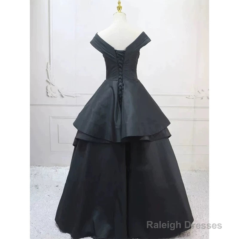 Pretty Ball Gown Off The Shoulder Black Satin Prom Dresses Evening Dress