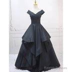 Pretty Ball Gown Off The Shoulder Black Satin Prom Dresses Evening Dress