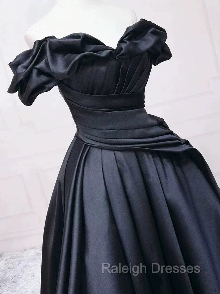 Pretty Ball Gown Off The Shoulder Black Satin Prom Dresses Evening Dress With Pleated Secondary image