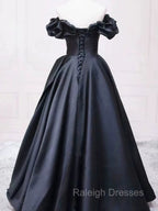 Pretty Ball Gown Off The Shoulder Black Satin Prom Dresses Evening Dress With Pleated