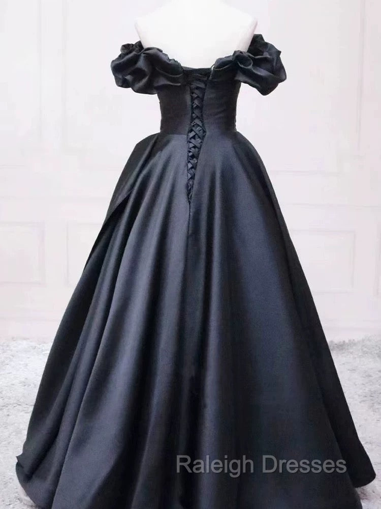 Pretty Ball Gown Off The Shoulder Black Satin Prom Dresses Evening Dress With Pleated